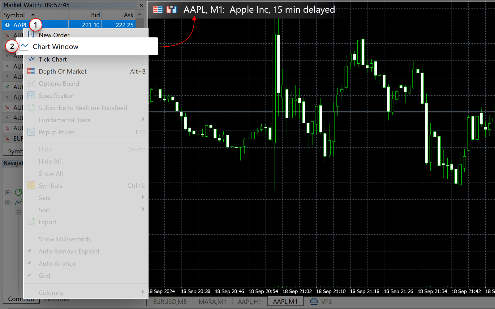 Right-click on this symbol and select Chart Window from the menu Right-click on this symbol and select Chart Window from the menu